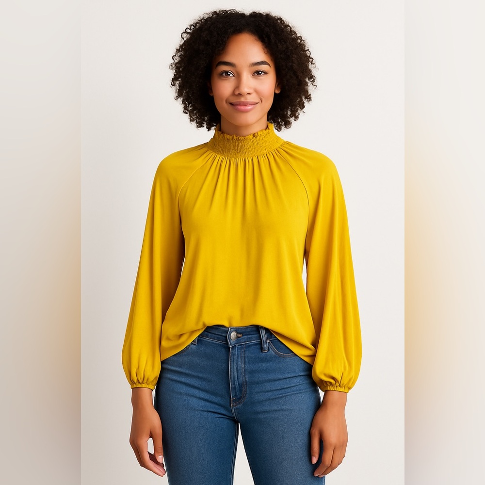 Loft Outlet Mustard Color Ruffle High Neck Thin Blouse Size M AR14